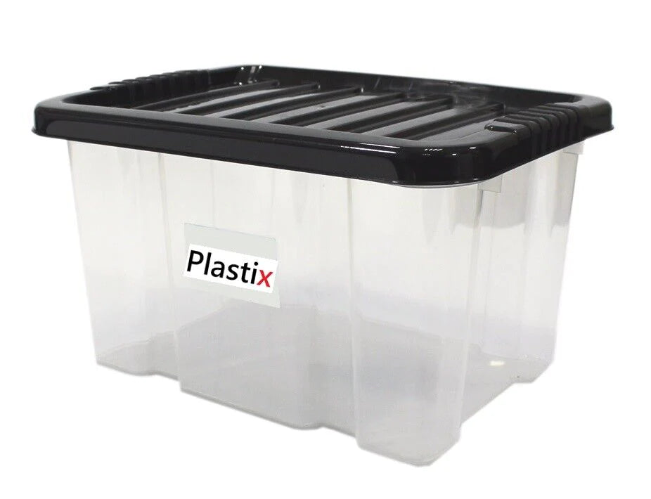 Quality Plastic Storage Boxes Clear Box With Black Lids Home Office Stackable UK 24L WITH BLACK LID