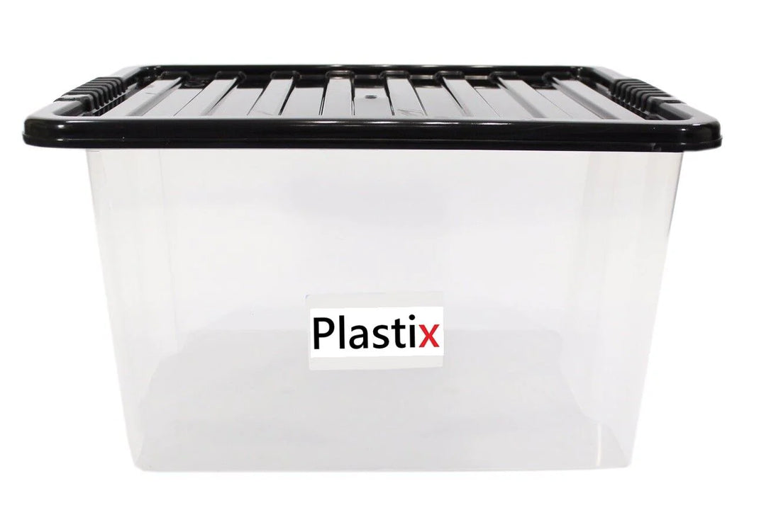 Quality Plastic Storage Boxes Clear Box With Black Lids Home Office Stackable UK 35L WITH BLACK LID