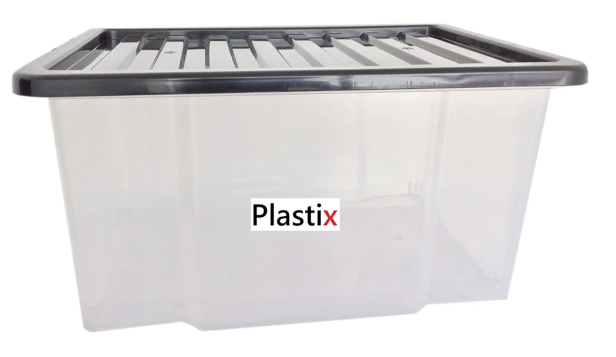 Quality Plastic Storage Boxes Clear Box With Black Lids Home Office Stackable UK 50L WITH BLACK LID