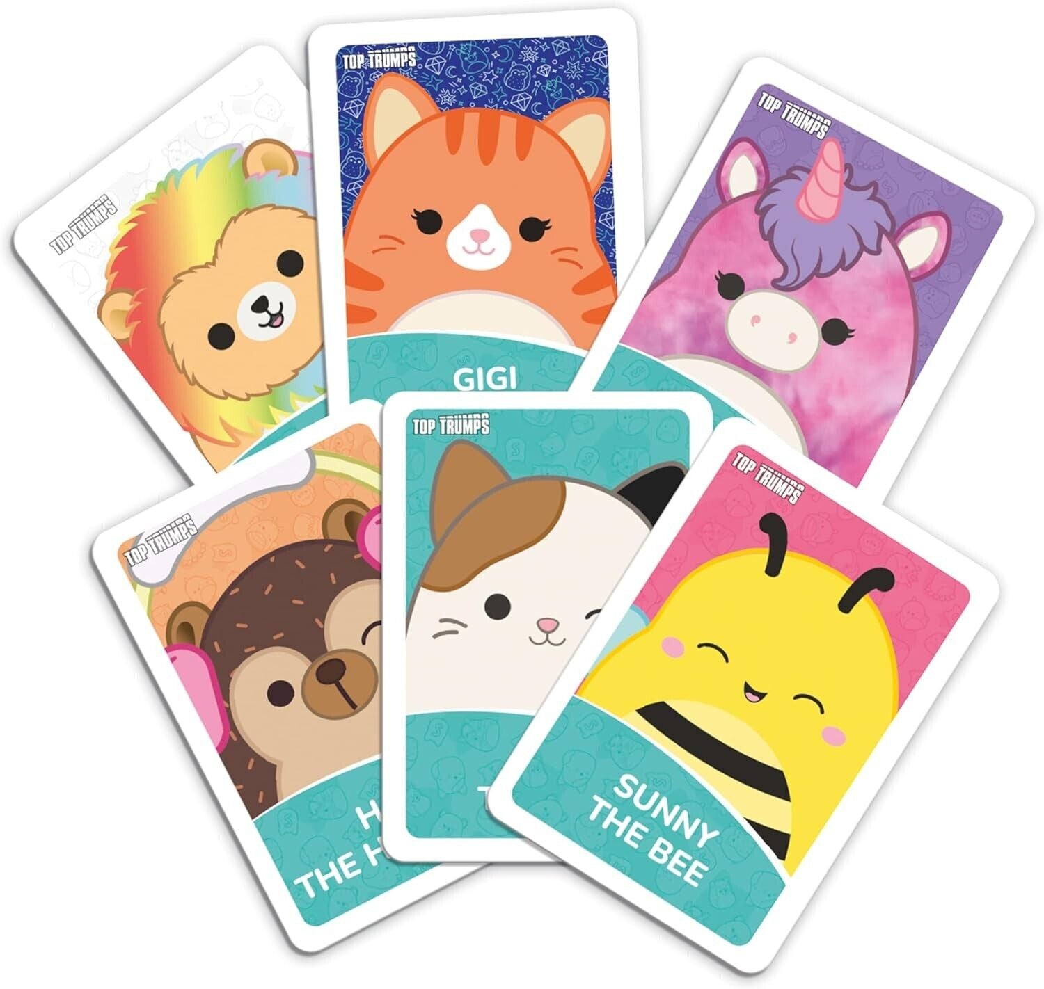 Top Trumps Match Squishmallows Board Game, match 5 Lola the Unicorn, Daxxon the