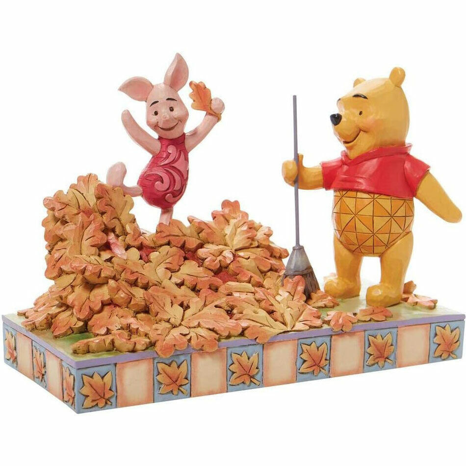 Disney Traditions Figurine - Piglet and Pooh Jumping into Fall with Autumn Leave