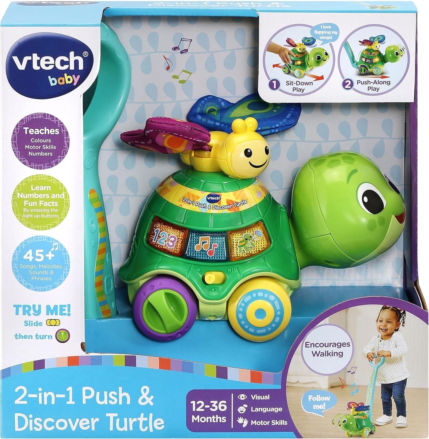 VTech 2-in-1 Push & Discover Turtle, Baby Walker with Sounds, Music and Phrases,