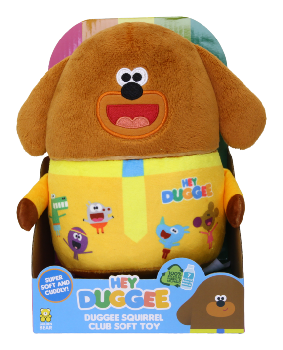 Hey Duggee Toy, Teddy Bear with all his Squirrel Club friends printed on.