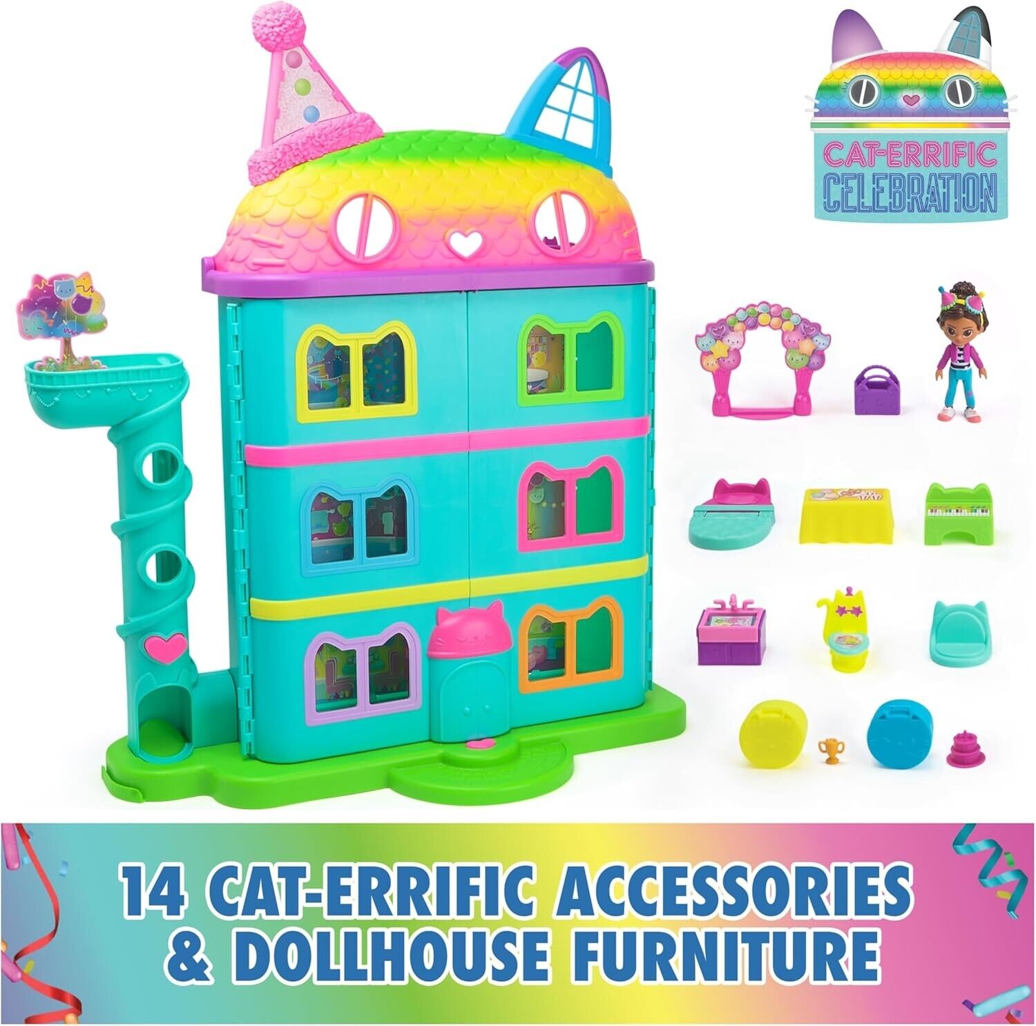 Gabby's Dollhouse, 15-Piece Rainbow-Themed, Celebration Doll’s House, Toy Figure