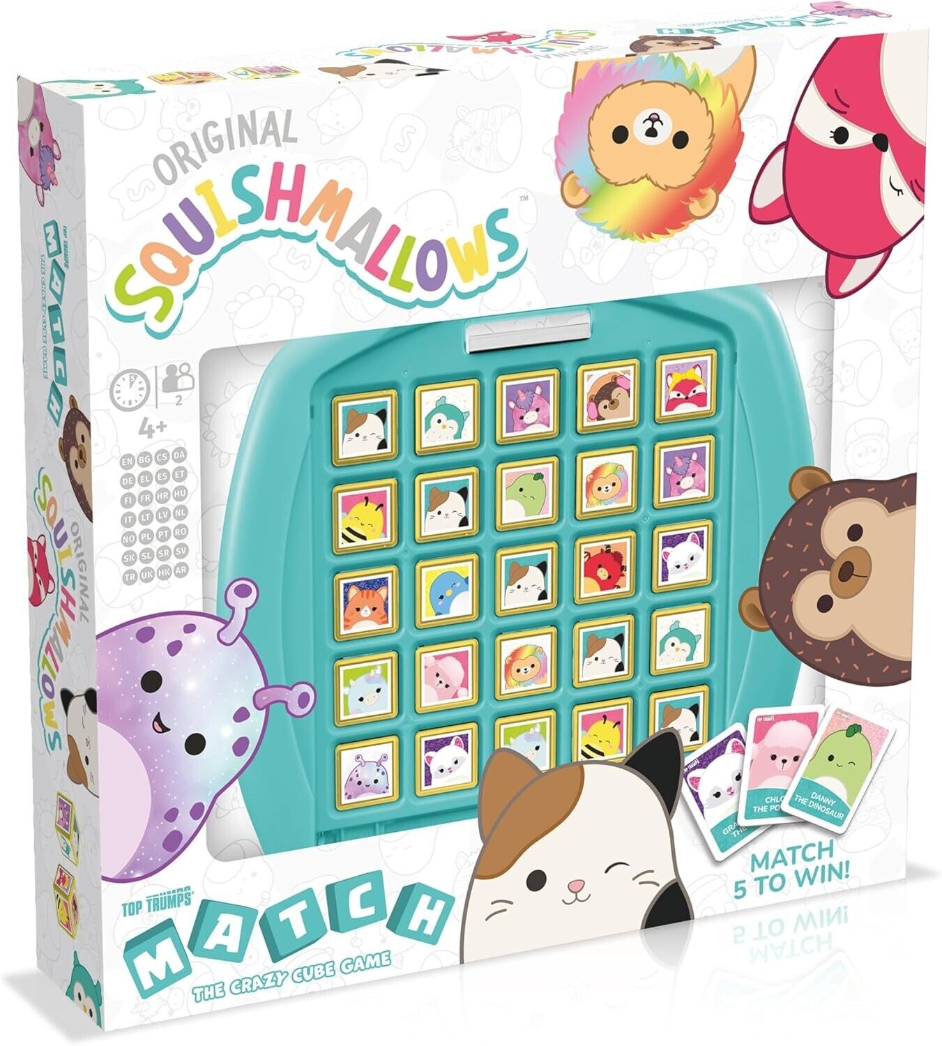 Top Trumps Match Squishmallows Board Game, match 5 Lola the Unicorn, Daxxon the