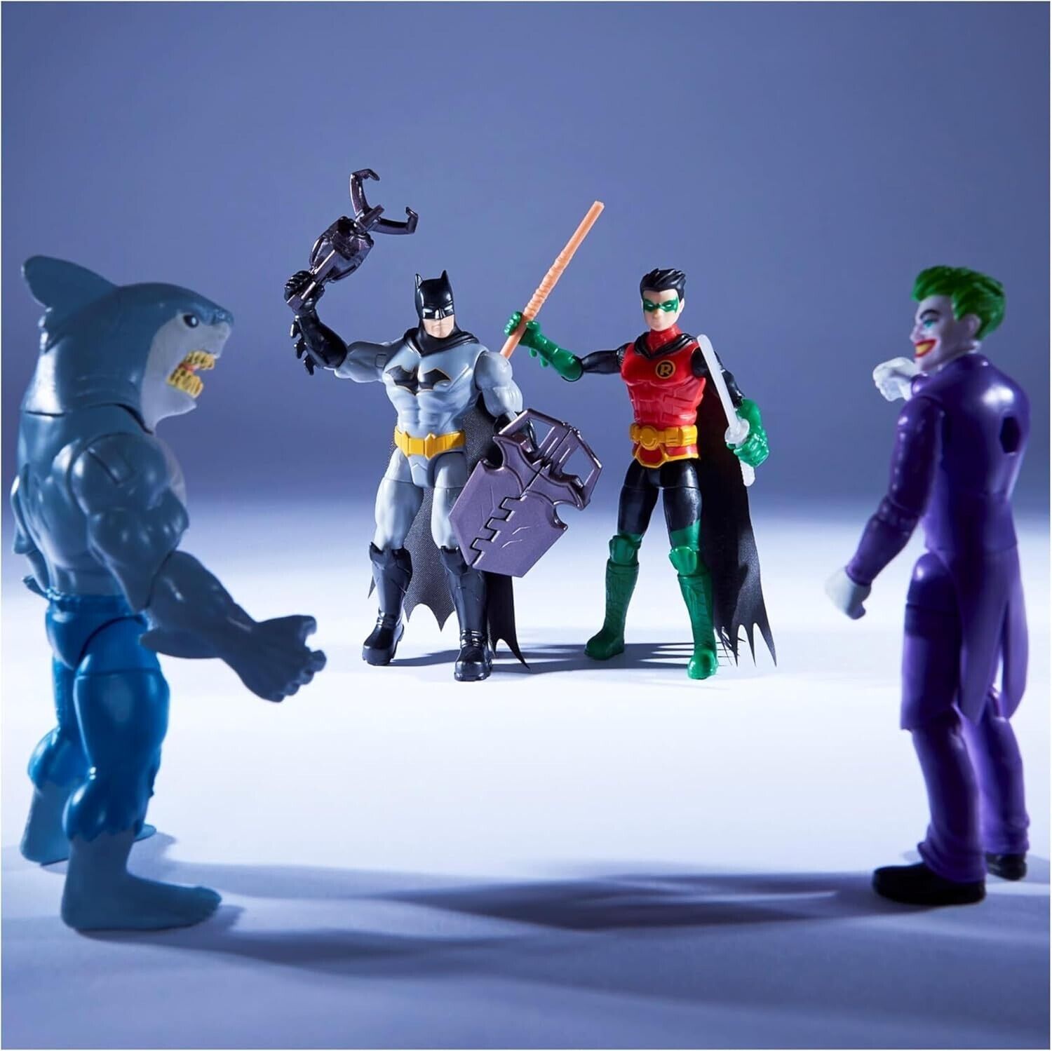 DC Comics, Batman and Robin vs. The Joker and King Shark, 4-inch Action Figures,