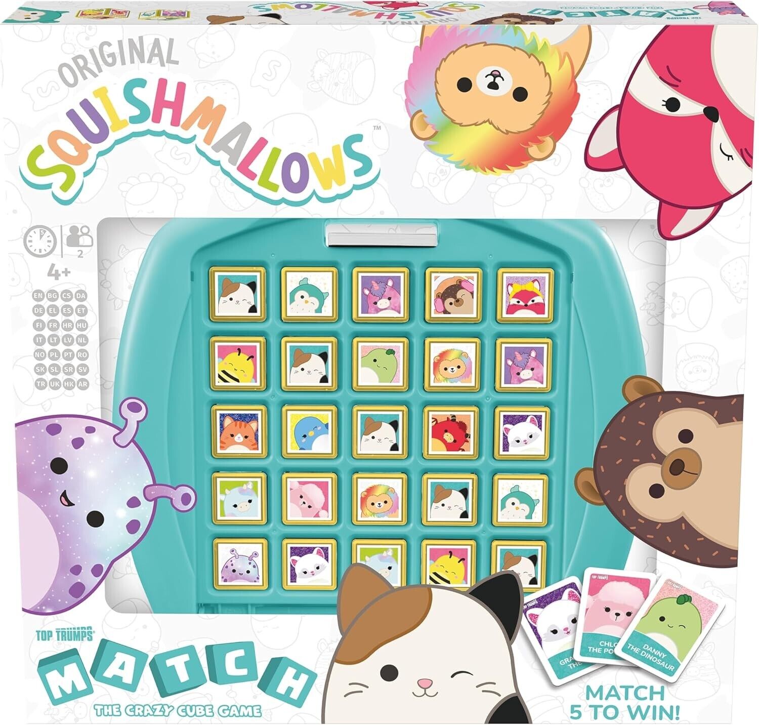 Top Trumps Match Squishmallows Board Game, match 5 Lola the Unicorn, Daxxon the