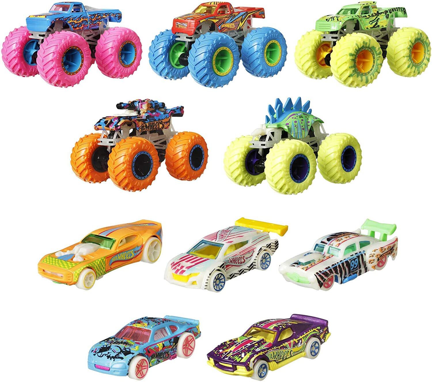 Hot Wheels Monster Trucks Glow In The Dark Set - 1:64 Scale Vehicles - Bundle 20