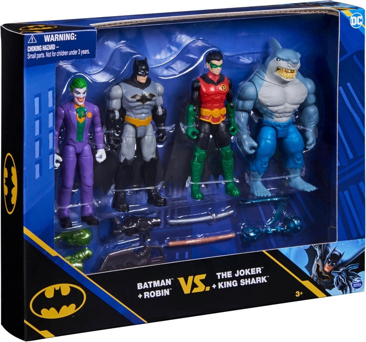 DC Comics, Batman and Robin vs. The Joker and King Shark, 4-inch Action Figures,