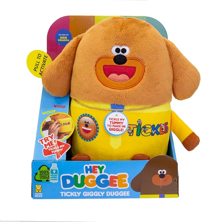 Hey Duggee Tickly Giggly Teddy Bear, Tickle Duggee's tummy to hear him giggle & woof, suitable for all ages, Brown