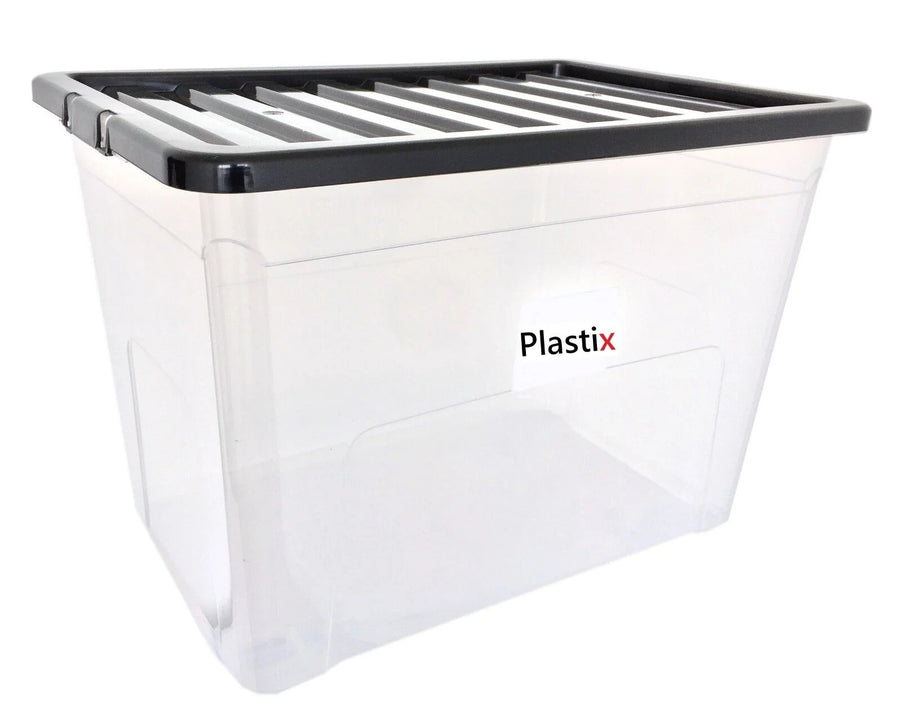 Quality Plastic Storage Boxes Clear Box With Black Lids Home Office Stackable UK 75L WITH BLACK LID