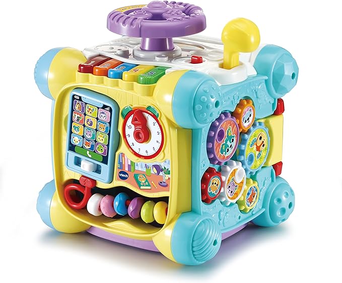 VTech Baby Twist & Play Cube, Interactive Baby Toy with Steering Wheel, Sensory Shape Sorter, Music & Lights, Gift for Infants, 9, 12, 18 months +, English Version,Multicolor,Small