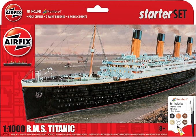 Airfix Ship Model Building Kits - RMS Titanic Miniature Craft Kit, 1/1000 Scale Model Boat Kits for Adults to Build, Incl. Titanic Model Ship, Paint, Brushes & Poly Cement - Titanic Gifts for Men