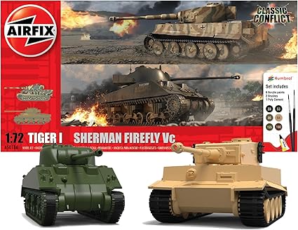 Airfix Tank Model Building Kits - Tiger 1 & Sherman Firefly Miniature Craft Kit, 1/72 Scale Plastic Model Kits for Adults to Build, Incl. Tank Models, Paint, Brushes & Poly Cement - Tank Gifts for Men