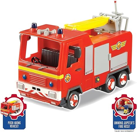 Jfireman Sam Jupiter the Fire Engine. Open the door and unwind the hose ready for action. Raise the crane arm with rescue platform to save the day