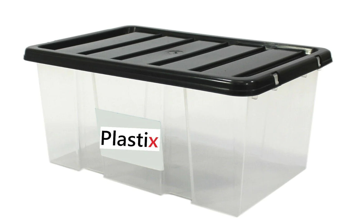 Quality Plastic Storage Boxes Clear Box With Black Lids Home Office Stackable UK 8L WITH BLACK LID